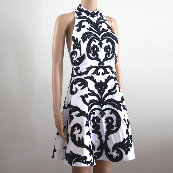Alice + Olivia White Black Sequin Skater Dress - Picture 1 of 7